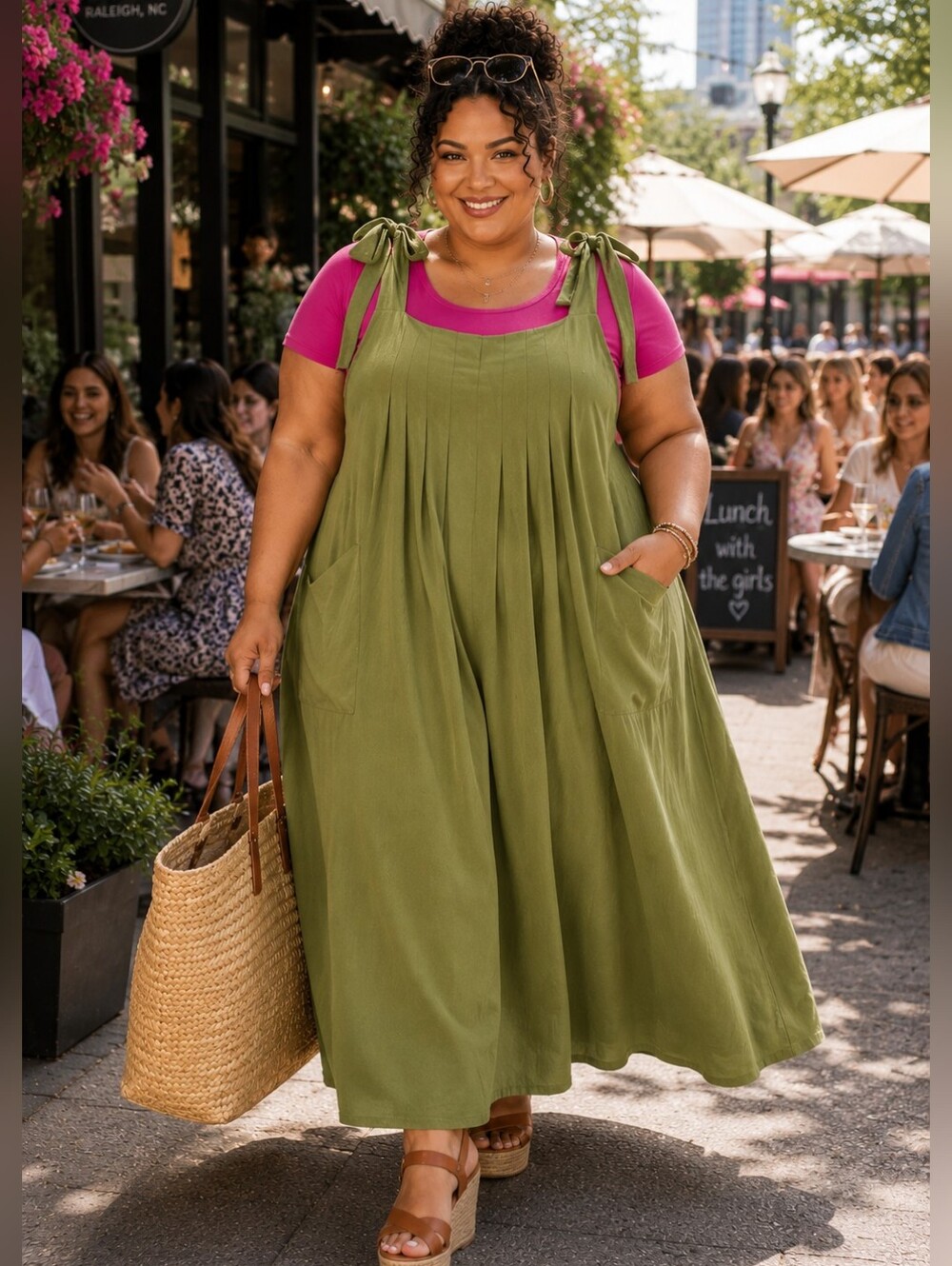 NWT  Green Tie Shoulder Pinafore Maxi Dress 3X Plus Size Pockets